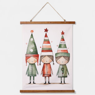 Christmas Elves in Festive Hats Hanging Tapestry