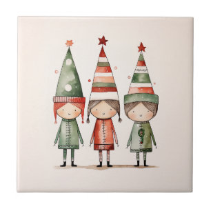 Christmas Elves in Festive Hats Tile