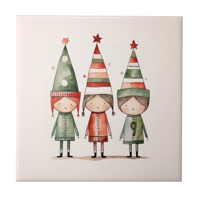 Christmas Elves in Festive Hats Tile (Front)