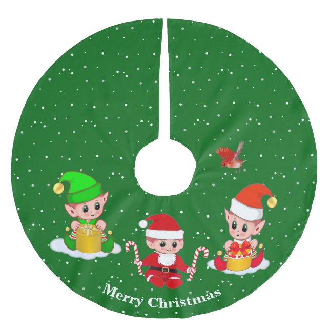 Christmas Elves on Green Brushed Polyester Tree Skirt (Front)