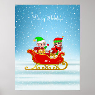 Christmas Elves on Sleigh with Presents Poster