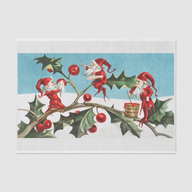 Christmas Elves Painting Ivy and Red Berries Tissue Paper (Front)