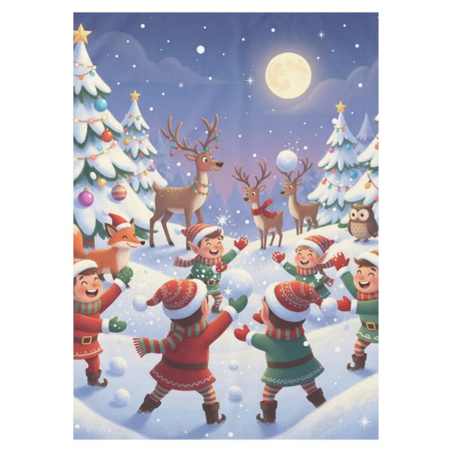 Christmas Elves & Reindeer Whimsical Wonderland Tablecloth (Front)