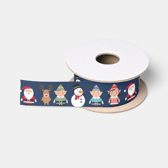 Christmas Elves, Santa and Snowmen Navy Blue Satin Ribbon (Spool)