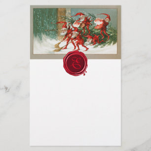 CHRISTMAS ELVES SWEEPING SNOW Wax Seal Monogram Stationery