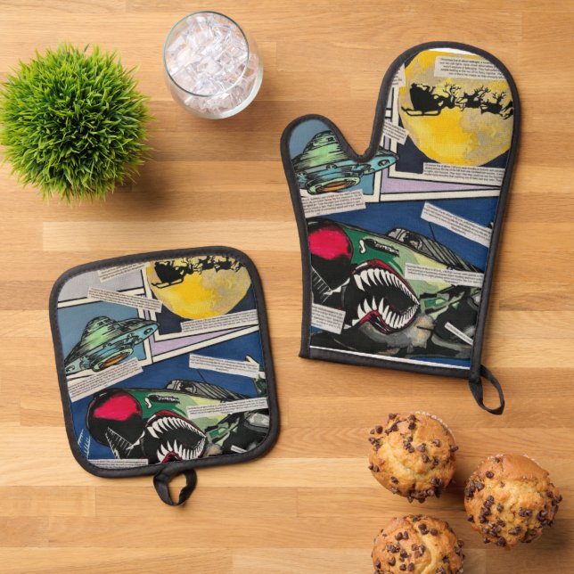 'Christmas Encounters' Painting on a  Oven Mitt & Pot Holder Set (Top Down)