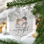 Christmas Engaged Custom Photo Grey Script Glass Ornament<br><div class="desc">Commemorate your engagement with this beautiful modern keepsake ornament. The charcoal grey text reads "Our first Christmas engaged, " with the word "engaged" in elegant handwriting script with flourishes before and after. Replace the sample image with your favourite photo, and add your names and the year. A white gradient filter...</div>