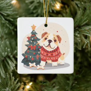 Christmas English Bulldog Holiday Sweater Ceramic Ornament