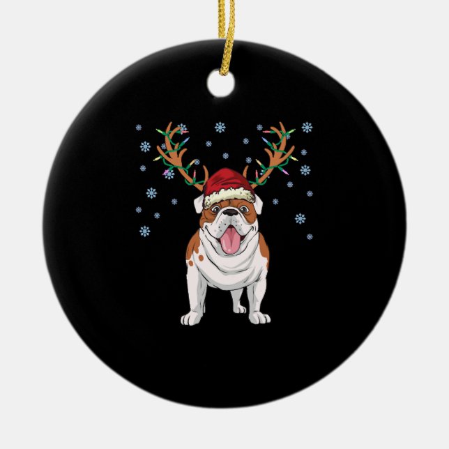 Christmas english bulldog reindeer dog ceramic ornament (Front)
