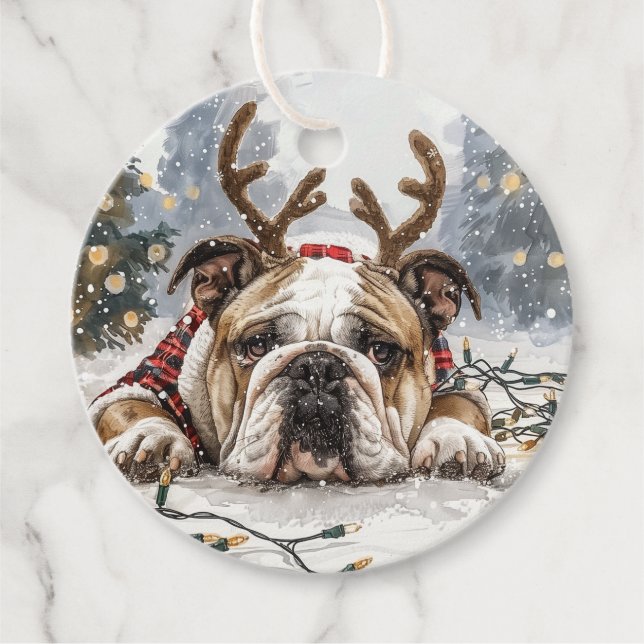 Christmas English Bulldog Reindeer Favour Tags (Front)