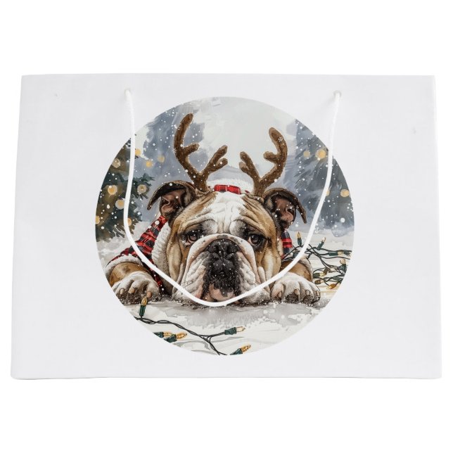 Christmas English Bulldog Reindeer Large Gift Bag (Front)