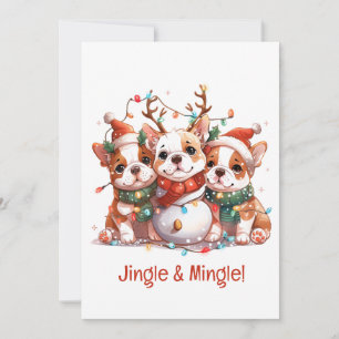 Christmas English Bulldog Reindeer Santa Invitation