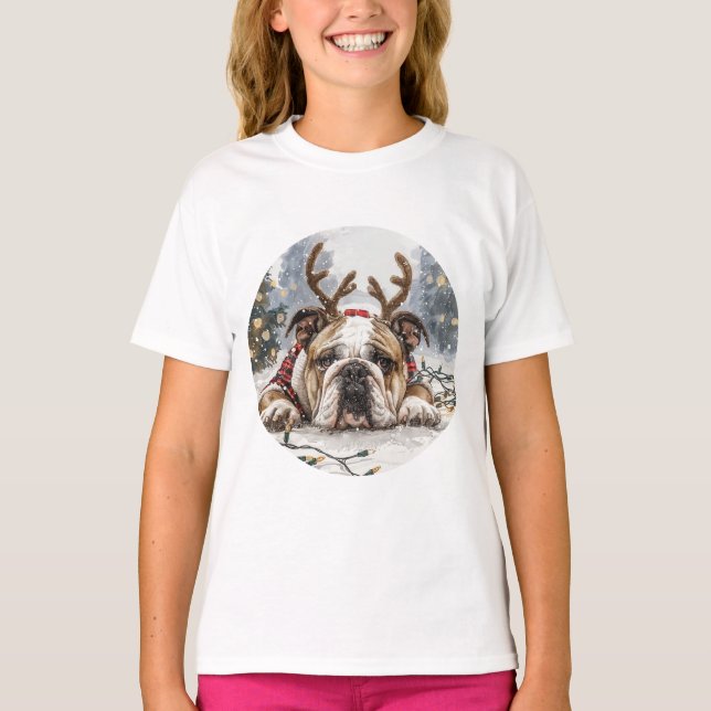 Christmas English Bulldog Reindeer T-Shirt (Front)