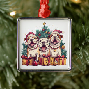 Christmas English Bulldog Santa Hats Metal Ornament