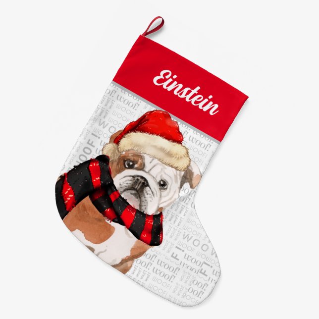 Christmas English Bulldog with Dog's Name Large Christmas Stocking (Front (Hanging))