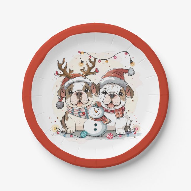 Christmas English Bulldogs Paper Plate (Front)