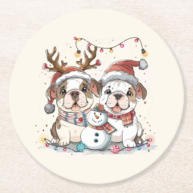 Christmas English Bulldogs Round Paper Coaster (Front)