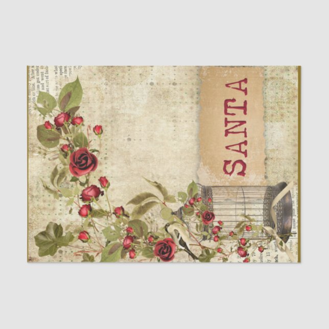 Christmas Ephemera Rose Bird Cage Santa Decoupage Tissue Paper (Front)