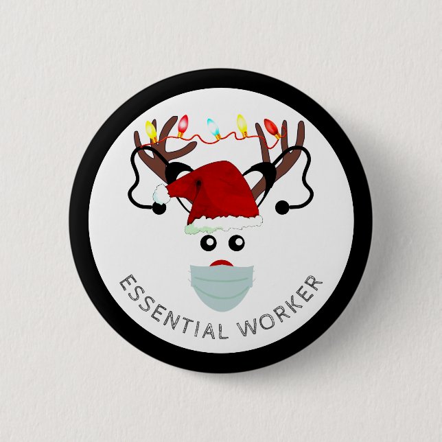 Christmas Essential Worker Reindeer In Face Mask 2 Inch Round Button (Front)