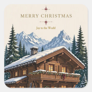 Christmas European Alpine Chalet Snowy Mountain Square Sticker
