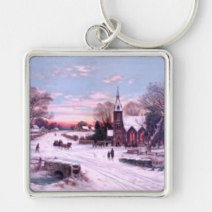 Christmas Eve at Church in snow Andrew Melrose Keychain