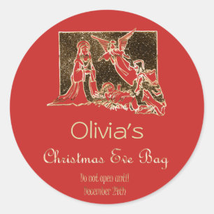 Christmas Eve Bag Nativity Red Faux Gold Text Classic Round Sticker