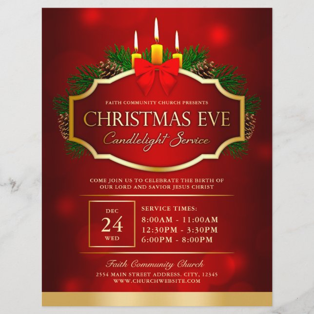 Christmas Eve Candlelight Church Service Red Gold Flyer (Front)