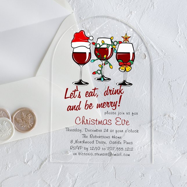 Christmas Eve Dinner Cocktails Wine Glasses Acrylic Invitations (Creator Uploaded)