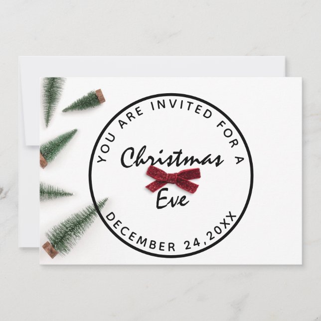 Christmas Eve Holiday Dinner White Green Red Bow Invitation (Front)