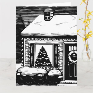 Christmas Eve House Tree in Window Black & White Card