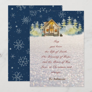 Christmas Eve Log Cabin Green Fur Trees Snowflakes Holiday Card
