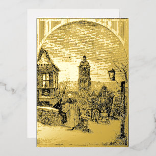 Christmas Eve Village Vintage Victorian Era 1845 Foil Holiday Card