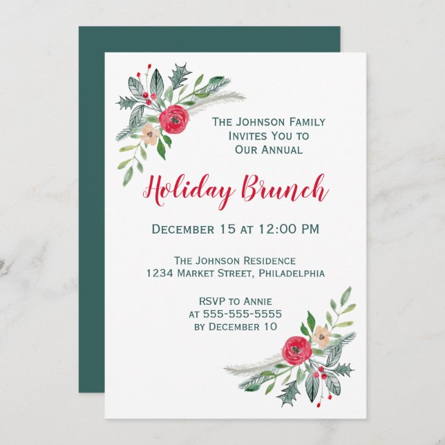 Christmas Event Winter Florals & Holly Invitation (Front/Back)