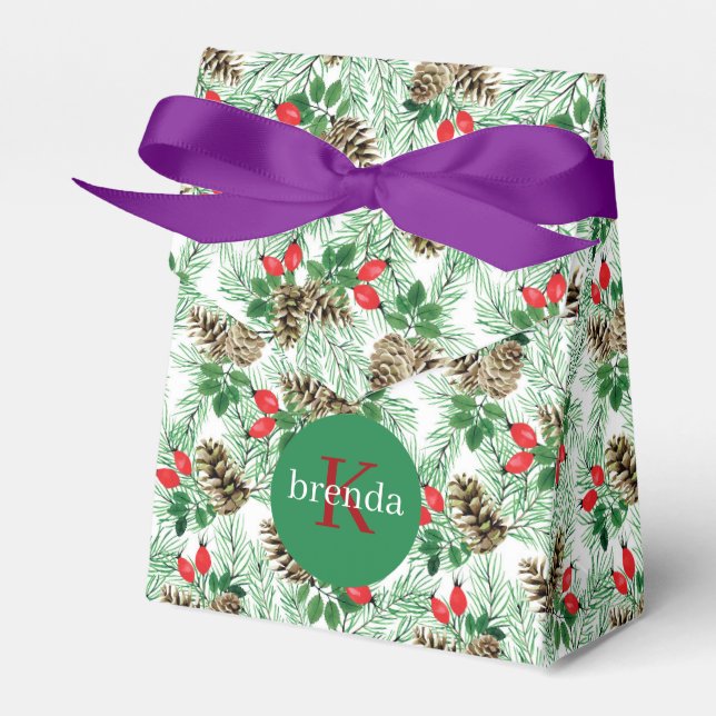 Christmas evergreen and pinecones pattern favor box (Front Side)