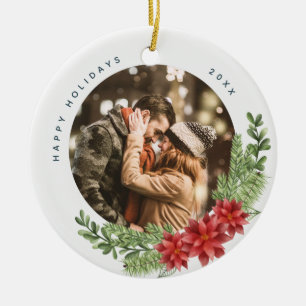 Christmas Evergreen and Poinsettia Photo Ceramic Ornament