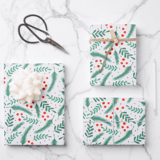 Christmas Evergreen Boughs and Holly Berries Wrapping Paper Sheet (Front)
