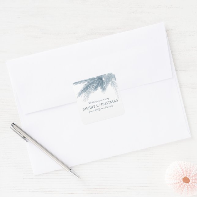 Christmas evergreen grey green winter foliage square sticker (Envelope)