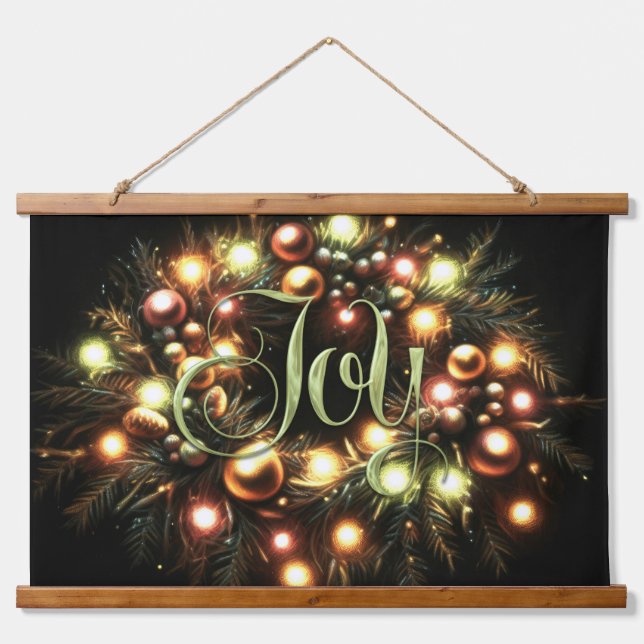 Christmas Evergreen Lighted Wreath Joy Hanging Tapestry (Front)
