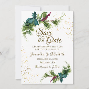 Christmas Evergreen Red Berries Winter Wedding Save The Date