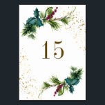 Christmas Evergreen Red Berries Winter Wedding Table Number<br><div class="desc">Elegant Christmas Wedding table number depicts simple watercolor evergreen branches adorned with holly leaves,  red berries and gold splashes. Good choice for winter and Christmas weddings. Each table number must be created separately and then added to the cart.*_</div>