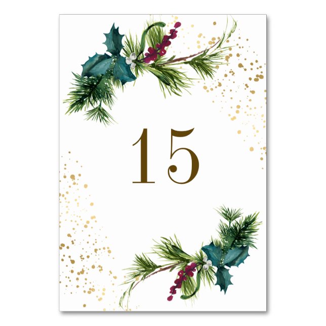 Christmas Evergreen Red Berries Winter Wedding Table Number (Front)