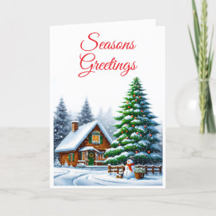 Christmas Evergreen Snowy Log Cabin Greeting Card