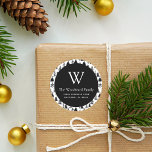 Christmas Evergreen Trees Black and White Address Classic Round Sticker<br><div class="desc">This modern return address sticker features a black circle on a pattern of black evergreen pine trees on a white background. Personalize the design with your monogram initial and family name in white serif font,  with your address below in sans serif.</div>