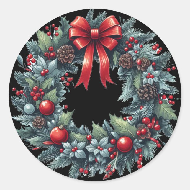 Christmas Evergreen Wreath Greeting Card Classic Round Sticker (Front)