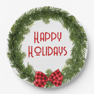 Christmas Evergreen Wreath with Plaid Bow Paper Plate