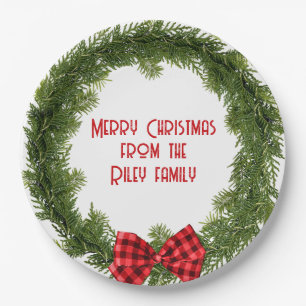 Christmas Evergreen Wreath with Plaid Bow Paper Plate