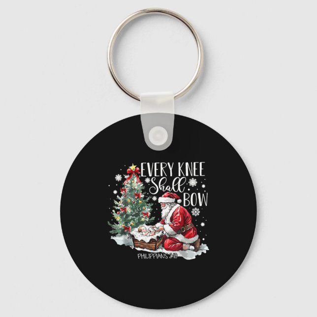 Christmas Every Knee Shall Bow Santa Nativity Scen Keychain (Front)