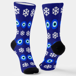Christmas Evil Eye and Snowflakes Blue Patterned Socks