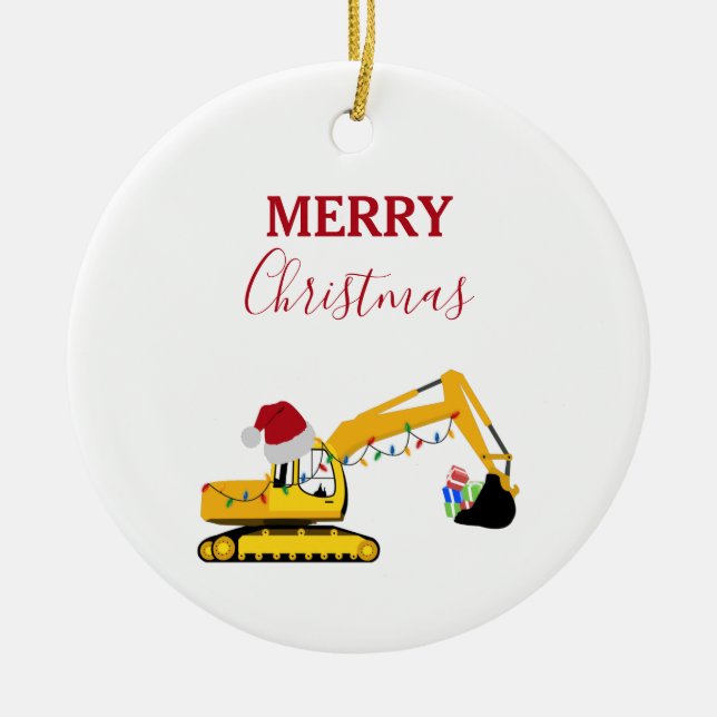 Christmas Excavator Construction Truck   Ceramic Ornament (Front)
