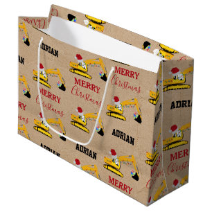 Christmas Excavator Construction Truck Custom Name Large Gift Bag